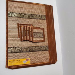 Silk Trim Reed Placemat Coaster Set, Set of 12, Bronze Elephant Boho Table Mats